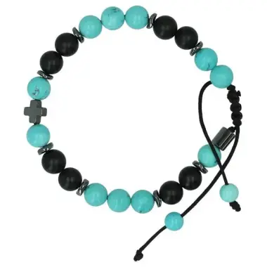 Mannenarmband met kruisje en halfedelstenen onyx + turquoize + hematite