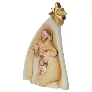 Hele kleine Heilige Familie in albaster met gouden rand 7 x 5 x 2 cm