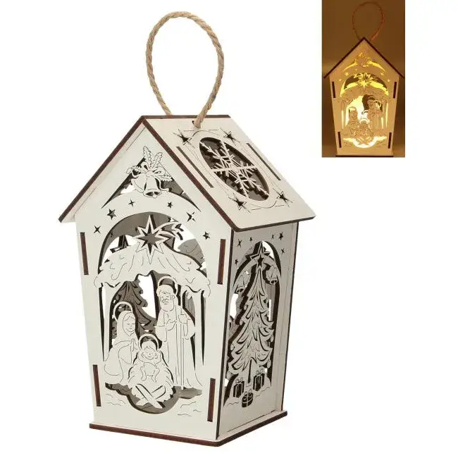 White wood lantern with nativity 17 cm + light