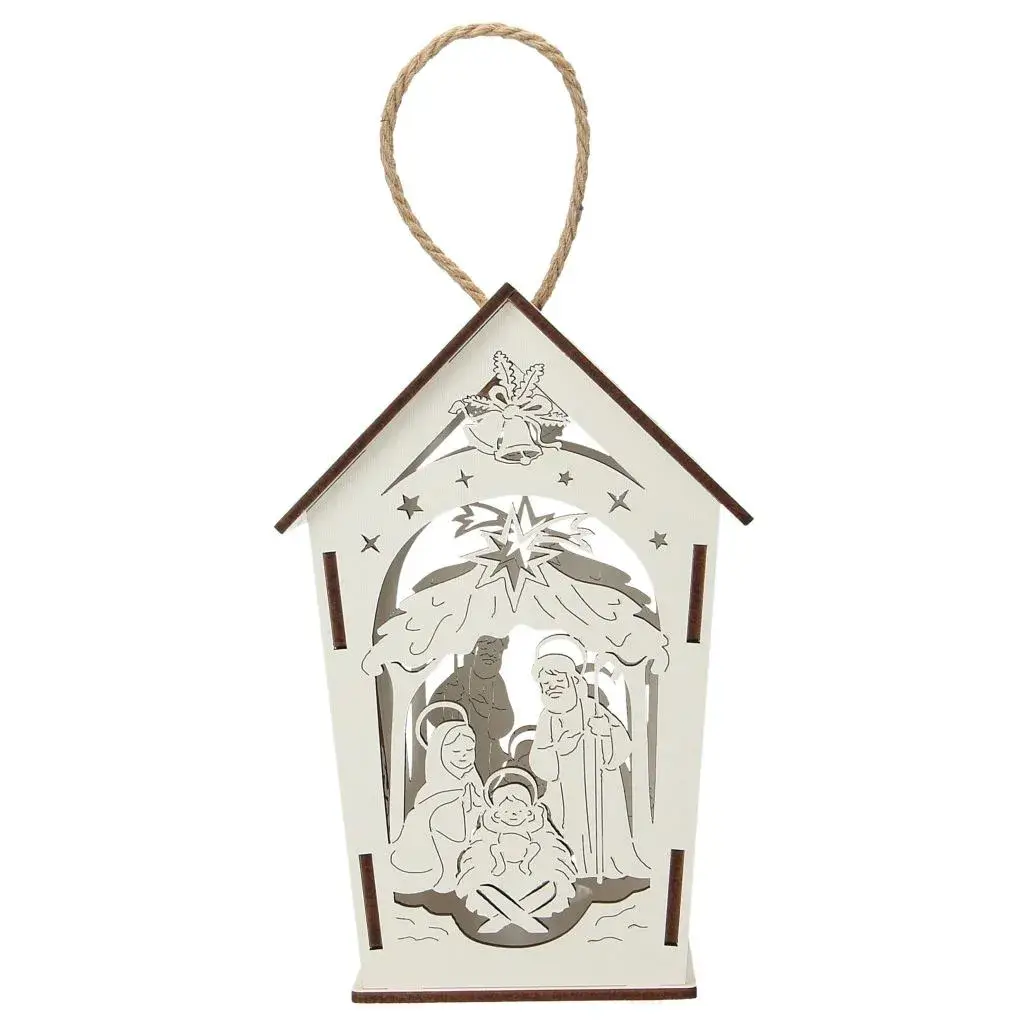 White wood lantern with nativity 17 cm + light