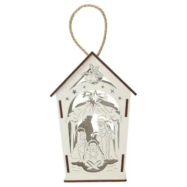White wood lantern with nativity 17 cm + light