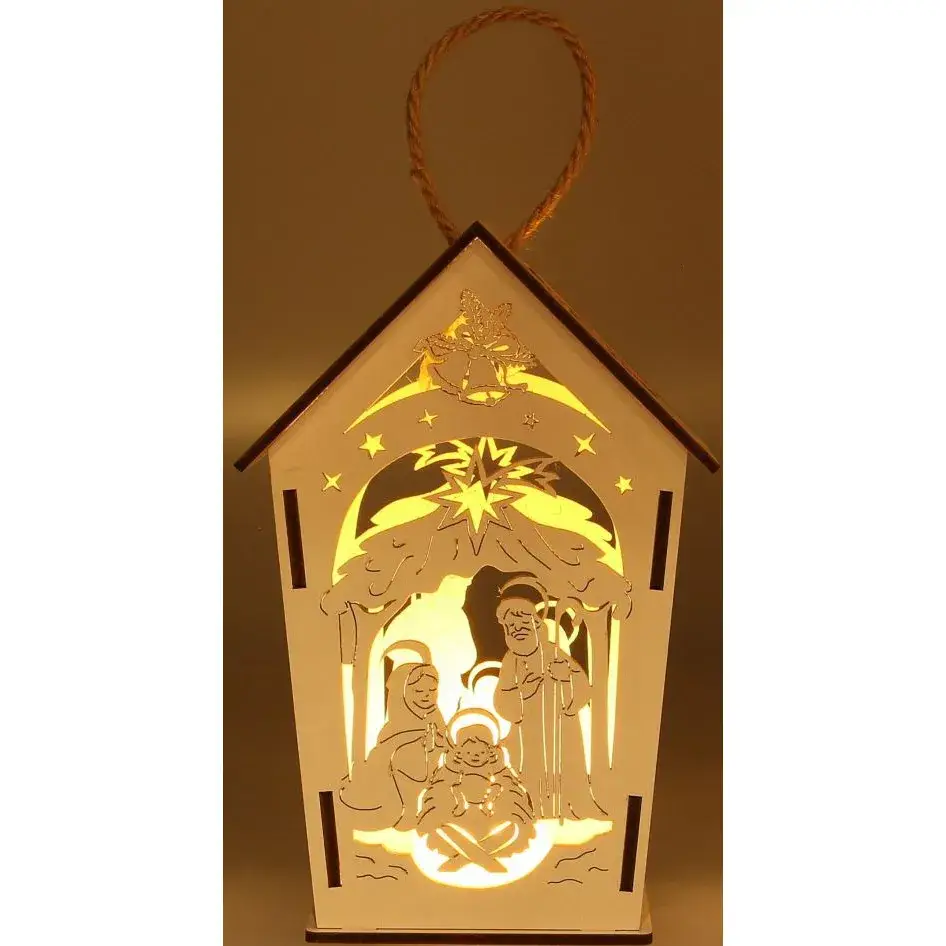 White wood lantern with nativity 17 cm + light