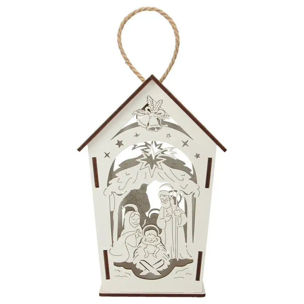 White wood lantern with nativity 17 cm + light