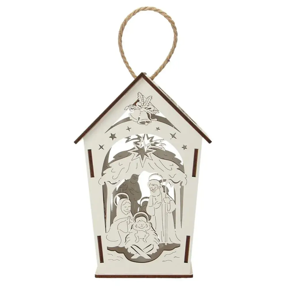 White wood lantern with nativity 17 cm + light