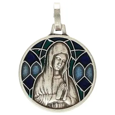 Medaille 18 mm - OLV biddend - Metaal met blauw email