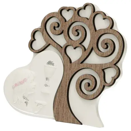 Cadre communion fille en résine et arbre de vie en bois à poser 12 x 11 cm