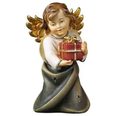 Houtsnijwerk Engel Met Geschenk 7.5 Cm/Gekleurd + Doos