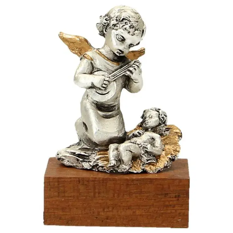 Statue/base Bois Ange Musicien + Enfant