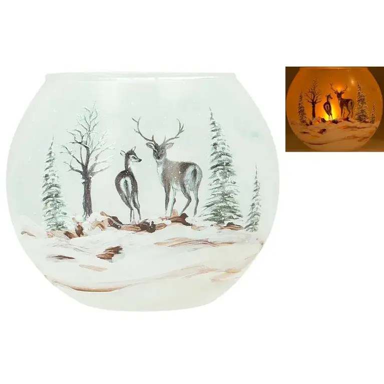 Kerst kaarsenhouder in glas besneeuwde landschap met hert 12 Cm