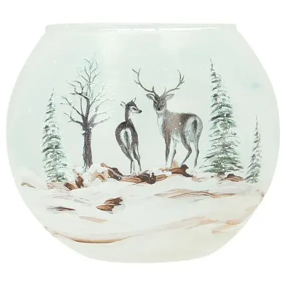 Kerst kaarsenhouder in glas besneeuwde landschap met hert 12 Cm