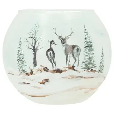 Christmas glass candle holder snowy landscape with deer 12 cm