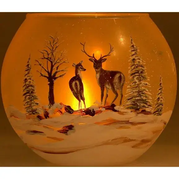 Kerst kaarsenhouder in glas besneeuwde landschap met hert 12 Cm