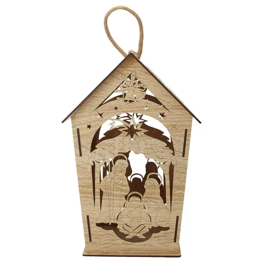 Lanterne en bois 31 cm avec crèche de Noël