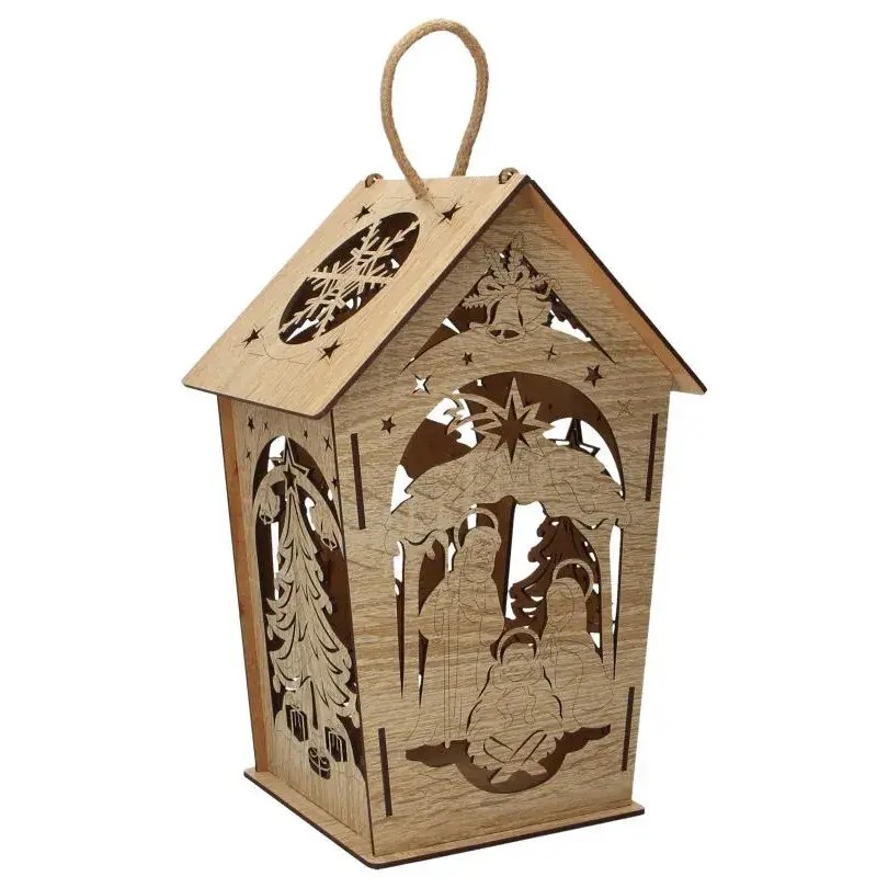 Lanterne en bois 31 cm avec crèche de Noël
