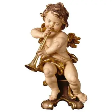 Houtsnijwerk Engel/trombone/op Sokkel 30 Cm Gekleurd