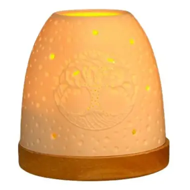 Porcelain candle jar with wood base Tree of life