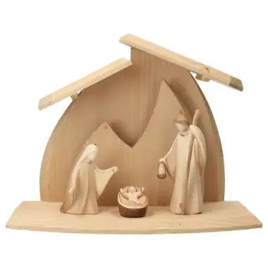 Sainte Famille en bois sculpte 10 cm + Cabane avec lumière