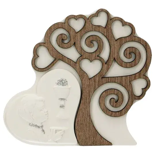 Cadre communion garçon en résine et arbre de vie en bois à poser 12 x 11 cm