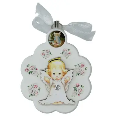 Cadre-Berceau - Fleur / Vierge priante - 7 X 9 cm - Blanc
