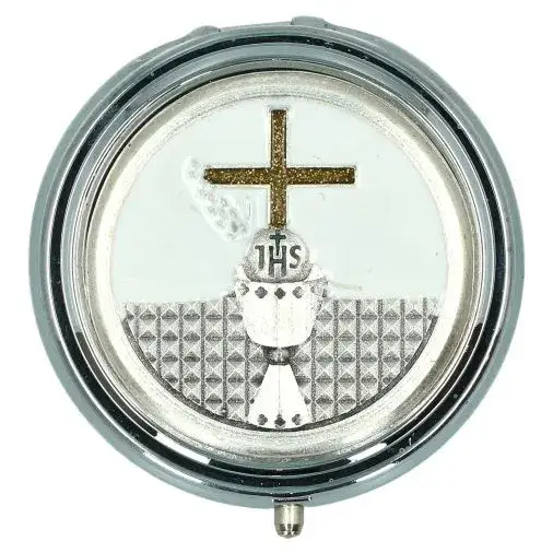 Chapelet blanc de communion + Boîte argentée Calice Diam 46 mm
