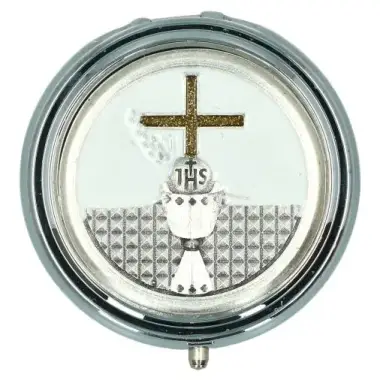 Chapelet blanc de communion + Boîte argentée Calice Diam 46 mm