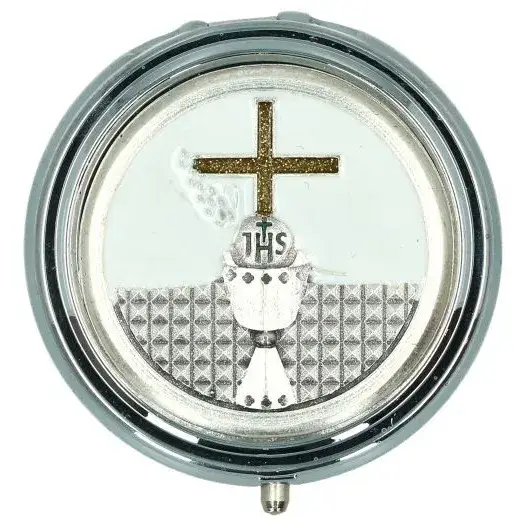 Chapelet blanc de communion + Boîte argentée Calice Diam 46 mm