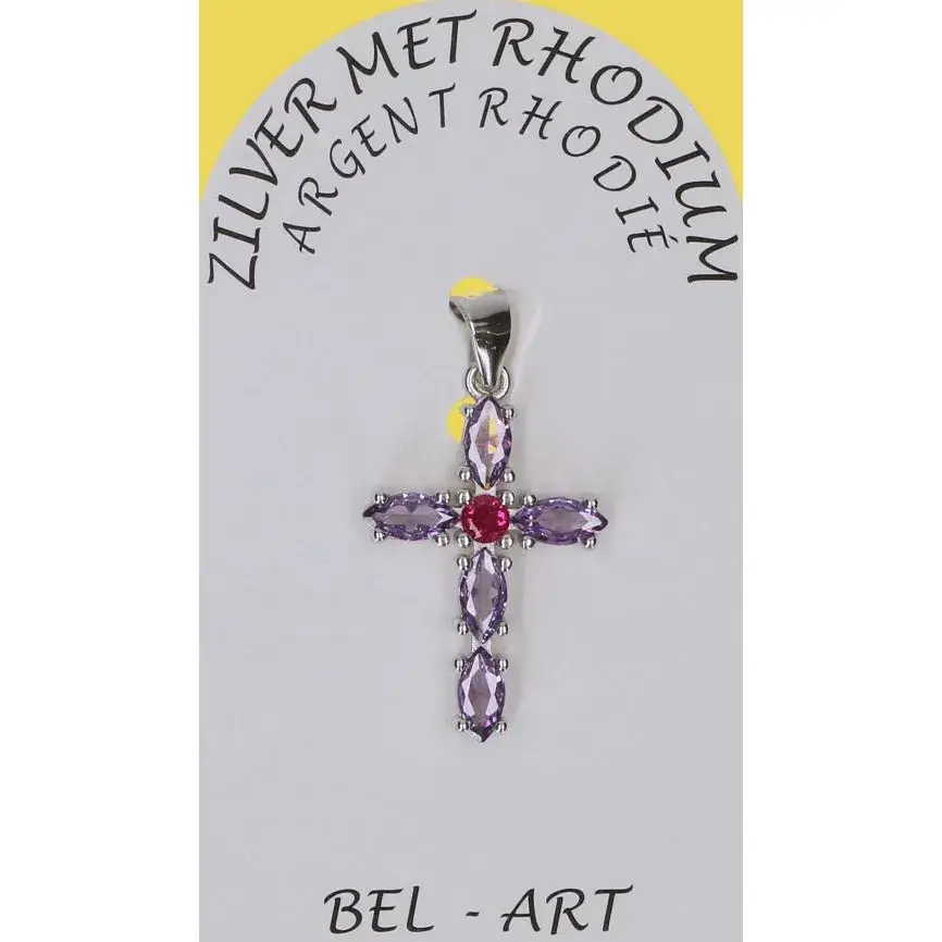 Pendentif croix argent doré avec zircons mauves 23 x15 mm