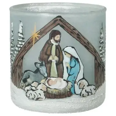 Tealight Glass Nativity 9 Cm blue