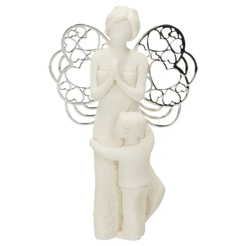 Ange en résine avec ailes métalliques et petite garçon 7,5 x 12 cm