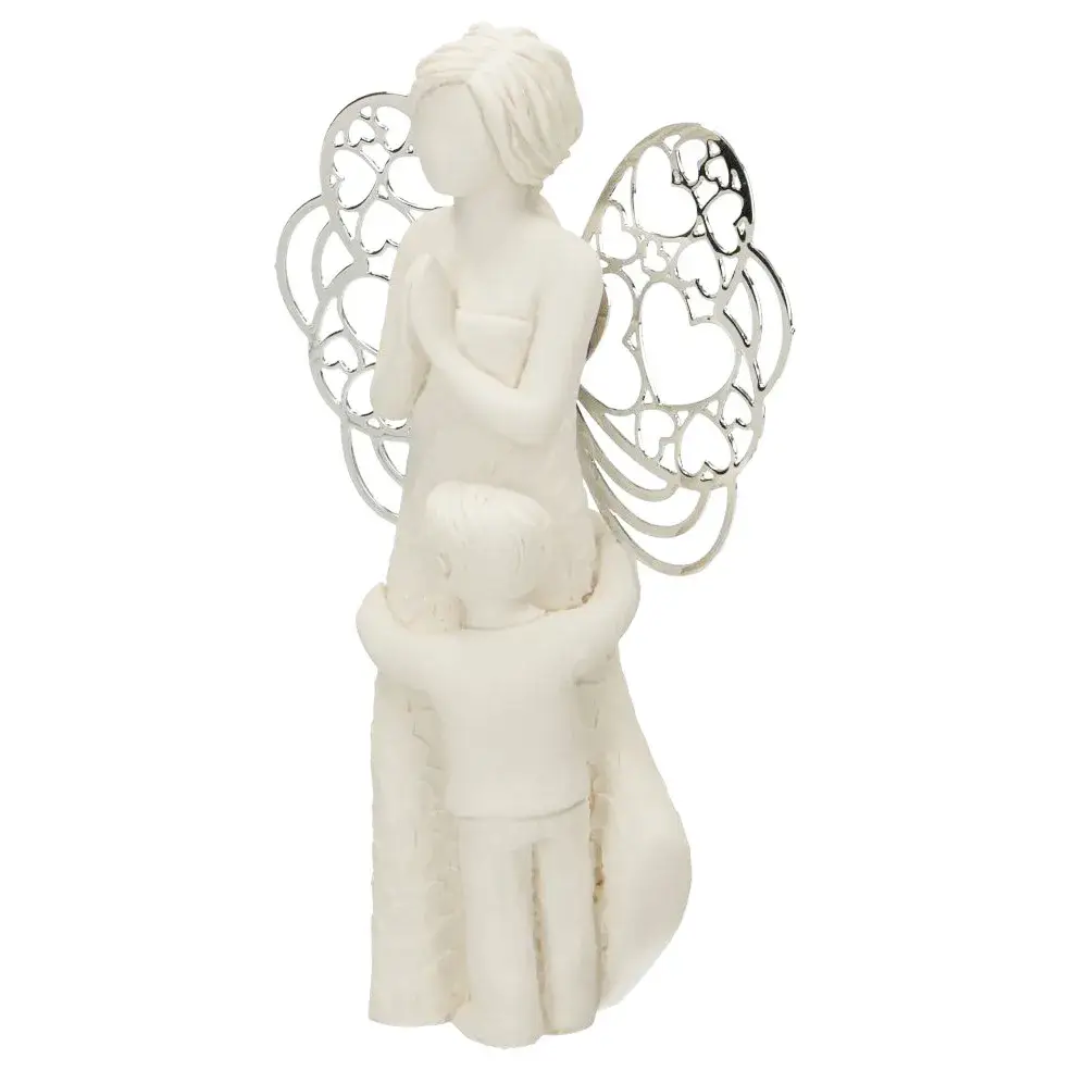 Ange en résine avec ailes métalliques et petite garçon 7,5 x 12 cm