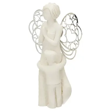 Hars engel met metalen vleugels en jongen 7,5 x 12 cm