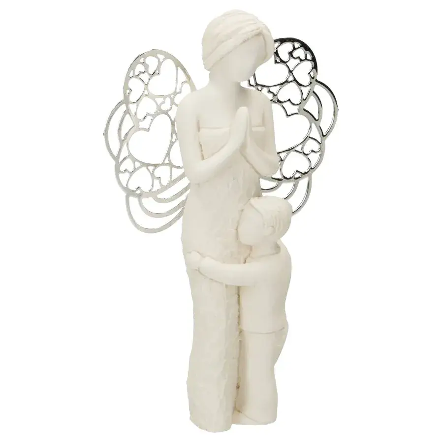Ange en résine avec ailes métalliques et petite garçon 7,5 x 12 cm