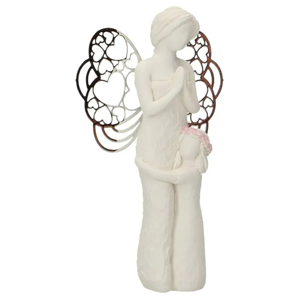 Ange en résine avec ailes métalliques et petite fille 7,5 x 12 cm