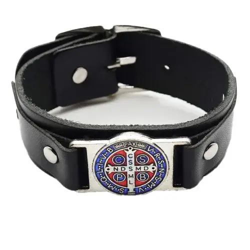 Zwart lederen armband met H. Benedictus gekleurd medaille
