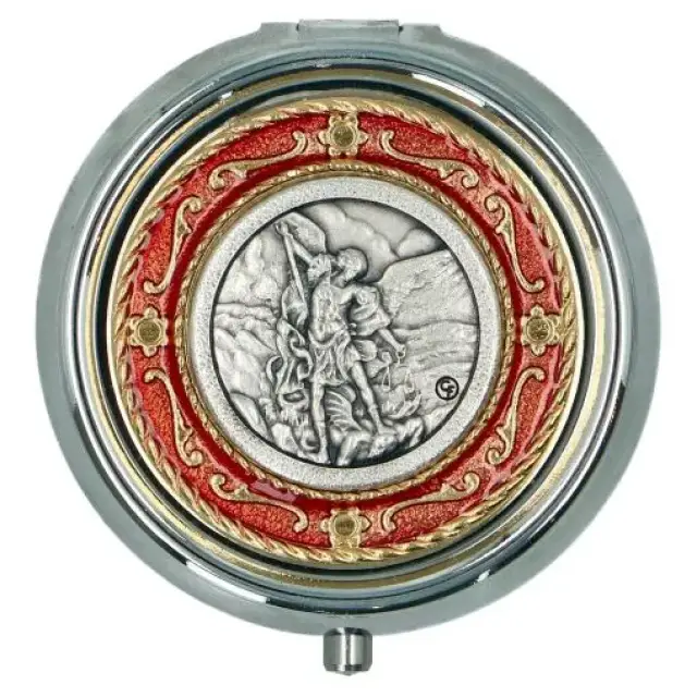 Chapelet argenté St Michel + Boîte métal émail rouge