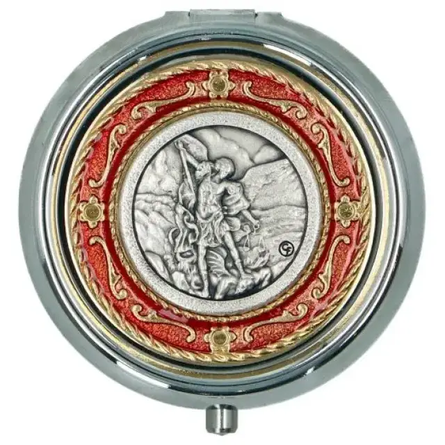 Chapelet argenté St Michel + Boîte métal émail rouge