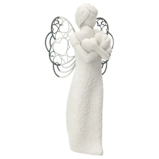 Resin angel with hearts and metal wings, 21 cm