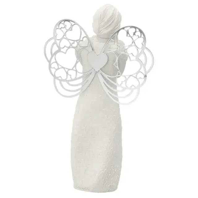 Resin angel with hearts and metal wings, 21 cm