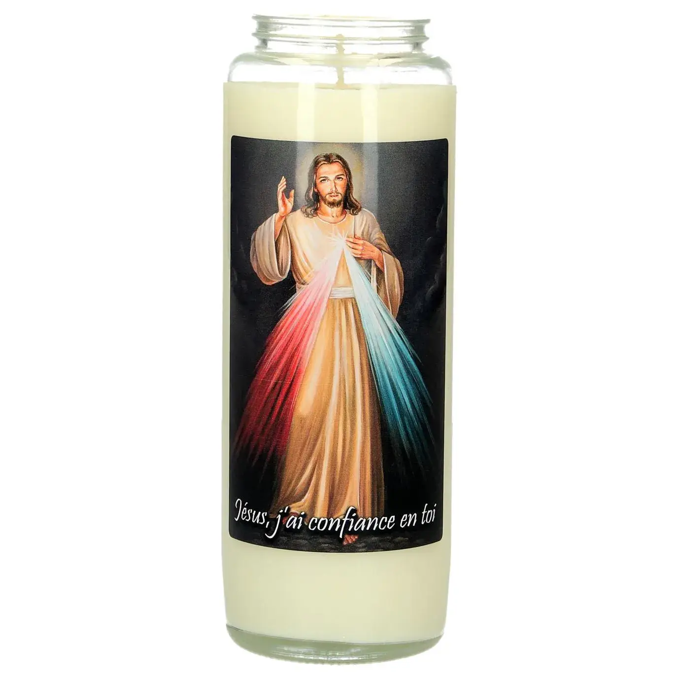 Noveenkaars in glas / wit / Barmhartige Kristus + franse tekst