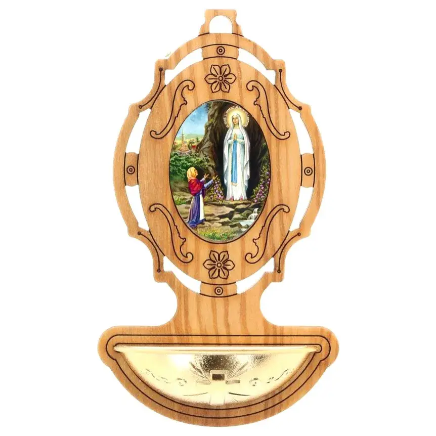 Bénitier Bois d'olivier 9 x 5.5 cm Notre-Dame de Lourdes