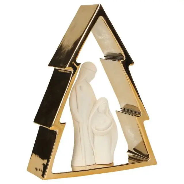 Nativité en résine blanche dans un sapin doré (12x16 cm)