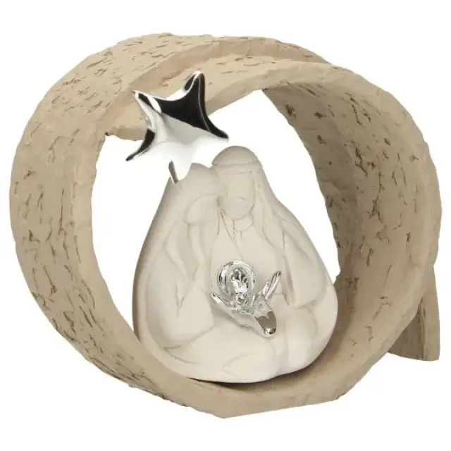 Nativité en résine blanche avec décor arrière beige 15 cm