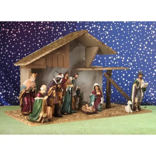 Crèche de Noël : cabane + 11 personnages de 15 cm (50x26x31cm)