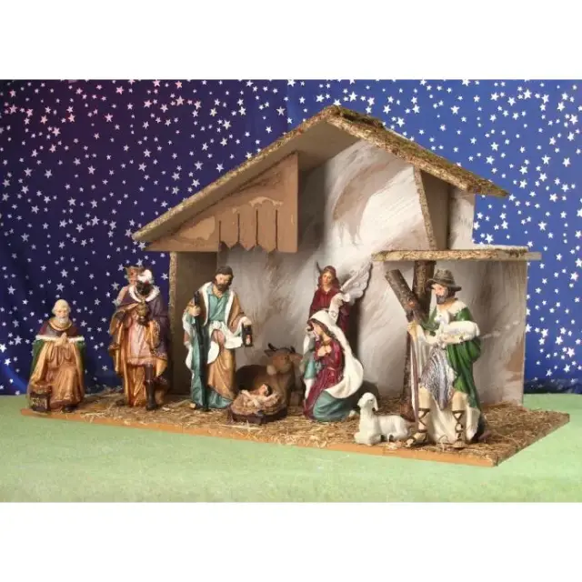 Crèche de Noël : cabane + 11 personnages de 15 cm (50x26x31cm)