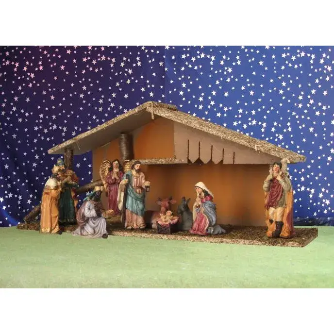 Crèche de Noël : cabane + 10 personnages de 12 cm (52x19x23cm)
