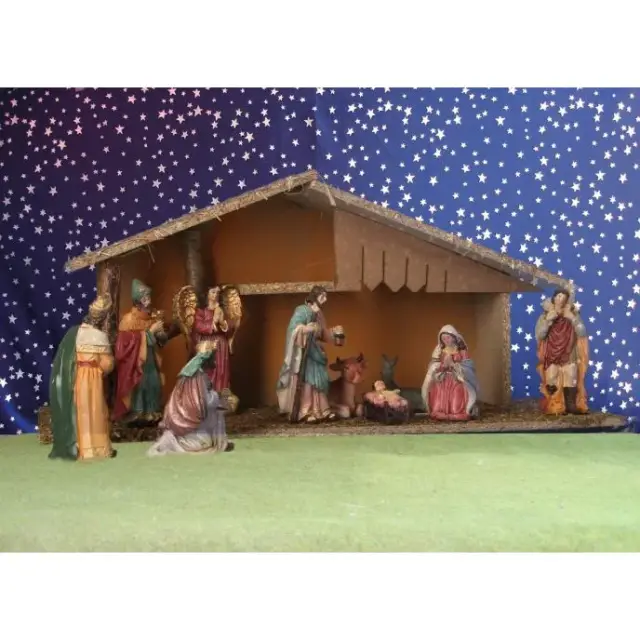 Crèche de Noël : cabane + 10 personnages de 12 cm (52x19x23cm)