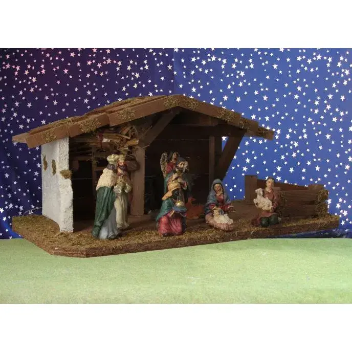 Crèche de Noël : cabane + 10 personnages de 9 cm (42x25x18cm)