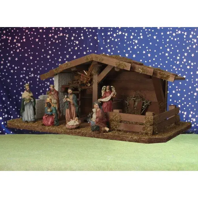 Crèche de Noël : cabane + 10 personnages de 9 cm (42x25x18cm)