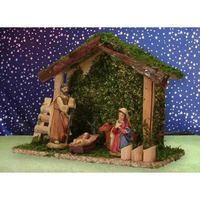 Crèche de Noël : cabane avec 5 personnages de 9 cm (23 x 10 x 17.5 cm)