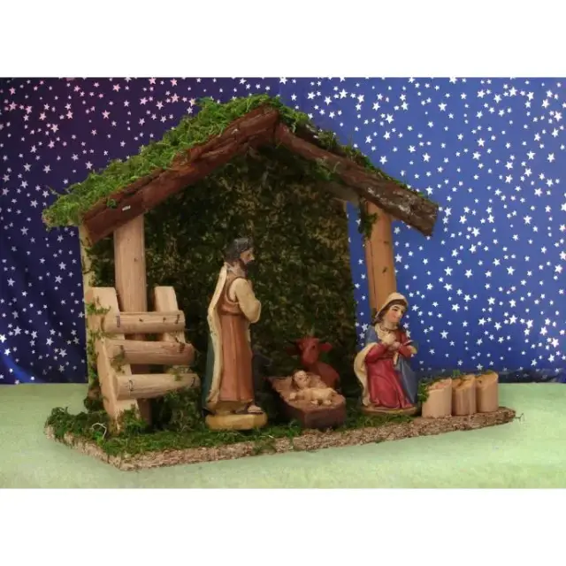 Crèche de Noël : cabane avec 5 personnages de 9 cm (23 x 10 x 17.5 cm)